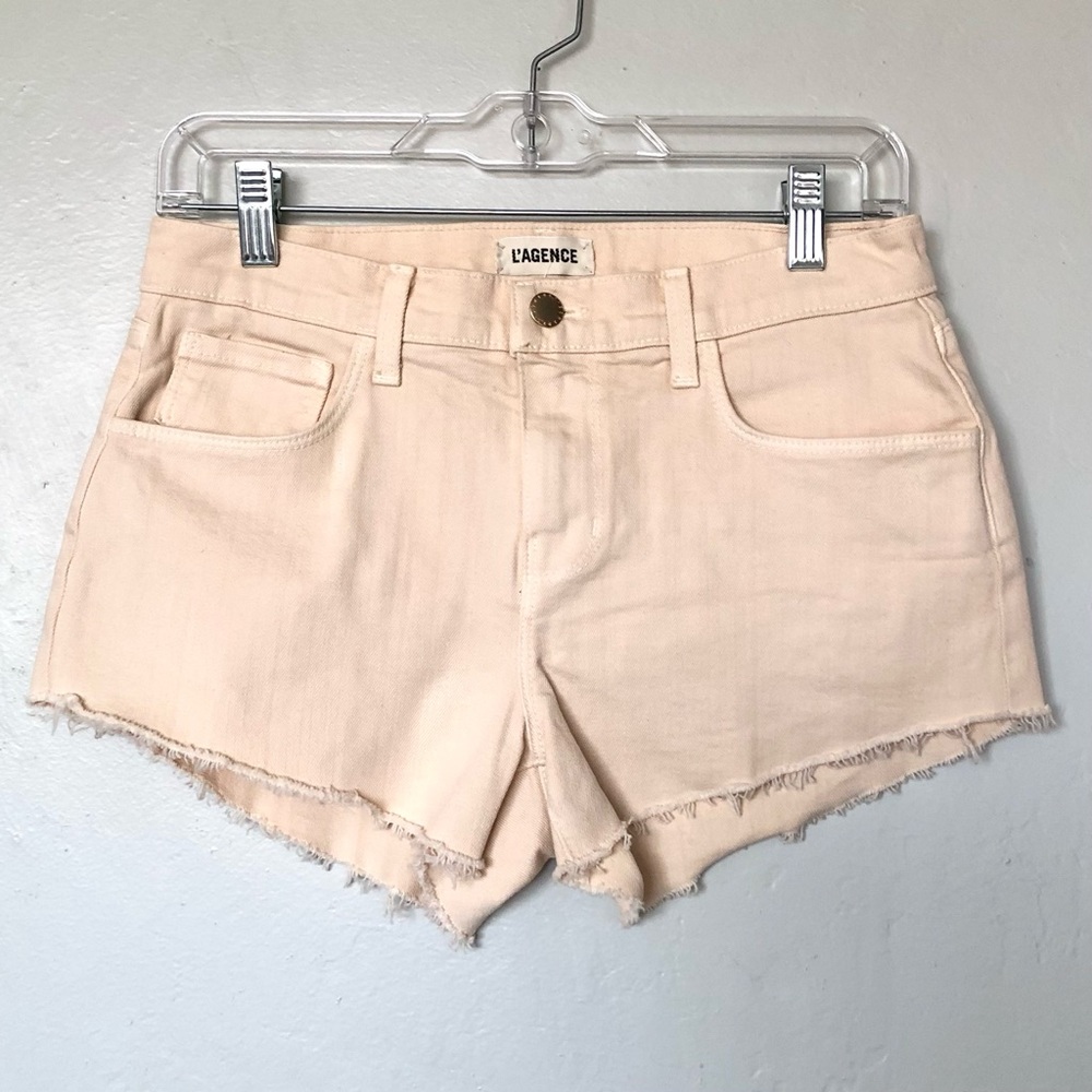 L'agence Audrey Cut-Off Freyed Denim Shorts in Beige Size 25